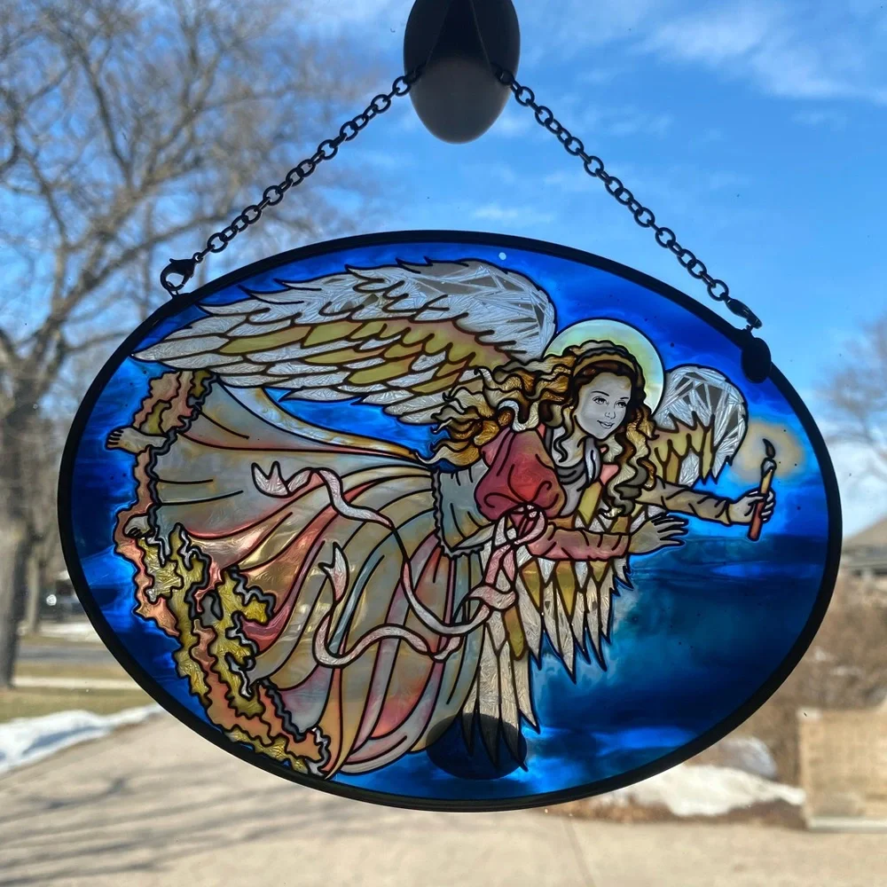 Amia‎ Vintage Sun Catcher Angel Gabriel Hand Painted Blue Oval